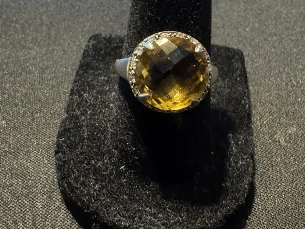 925 Silver Citrine & Diamond Faceted Stone Ring Size 7